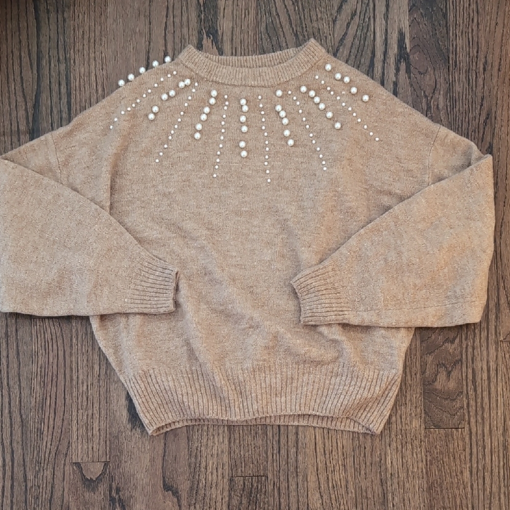 H&M Tan Sweater with Pearl Accents